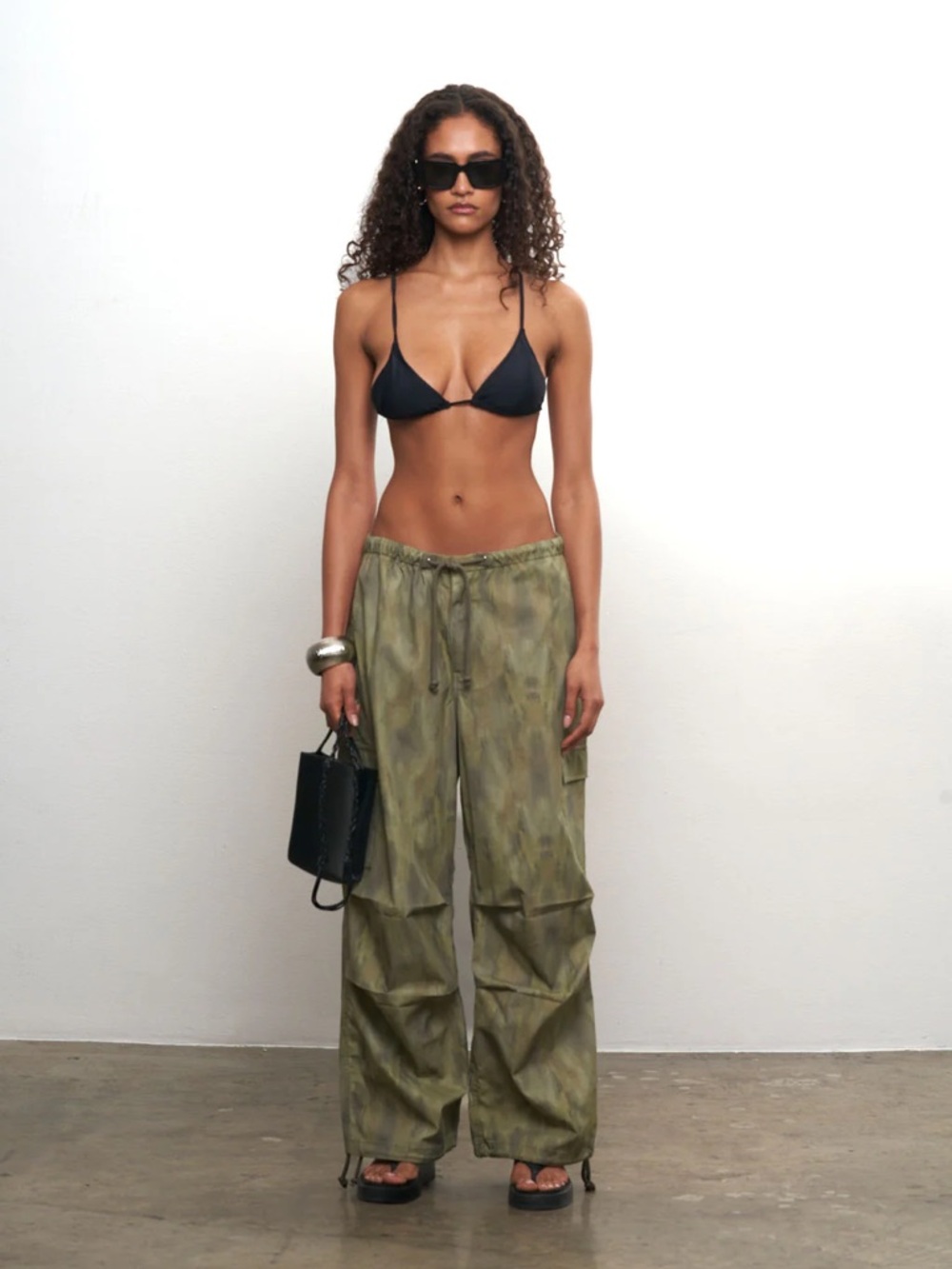 Local European Olive Tie-Front Wide Leg Cargo Pants